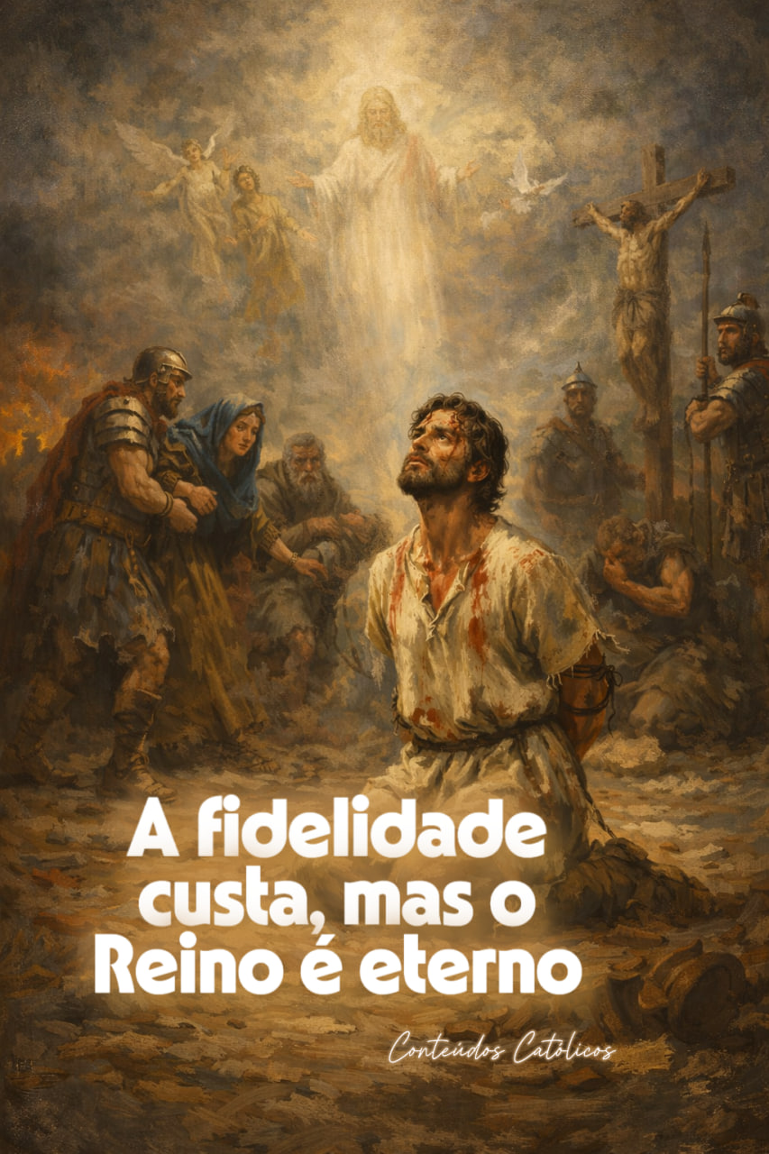 Homem ferido carrega a cruz, soldados ao fundo, céu com anjos e texto “A fidelidade custa, mas o Reino é eterno”.